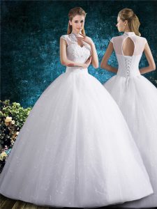 Floor Length White Wedding Gown Tulle Sleeveless Beading and Embroidery