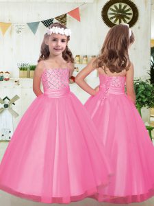 Super Rose Pink Sleeveless Tulle Lace Up Girls Pageant Dresses for Party and Wedding Party