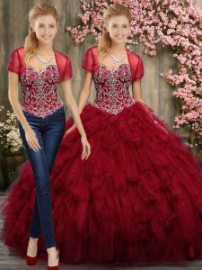 Unique Wine Red Organza Lace Up Sweetheart Sleeveless Floor Length Vestidos de Quinceanera Beading and Ruffles
