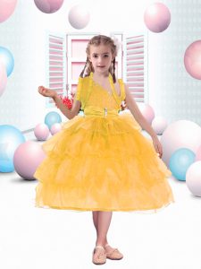 Gold Ball Gowns One Shoulder Sleeveless Organza Knee Length Lace Up Ruffled Layers and Sequins Kids Formal Wear