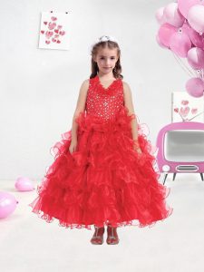 Hot Sale Tea Length Zipper Kids Pageant Dress Red for Wedding Party with Beading and Ruffled Layers