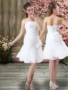 Super White Strapless Neckline Hand Made Flower Wedding Dress Sleeveless Lace Up