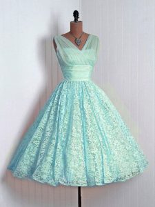 Fine Lace V-neck Sleeveless Lace Up Lace Bridesmaid Dress in Aqua Blue