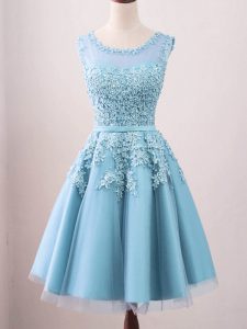 Aqua Blue A-line Scoop Sleeveless Tulle Knee Length Zipper Lace Damas Dress