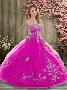 Top Selling Floor Length Fuchsia Ball Gown Prom Dress Tulle Sleeveless Beading and Embroidery and Pick Ups