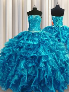 Most Popular Teal Quinceanera Dress Military Ball and Sweet 16 and Quinceanera with Beading and Ruffles Strapless Sleeve