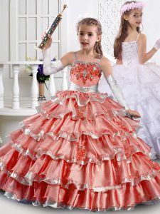 Stylish Coral Red Ball Gowns Organza Straps Sleeveless Beading and Ruffled Layers Floor Length Lace Up Little Girl Pagea