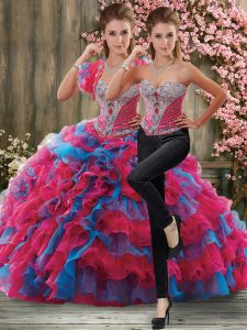 Multi-color Two Pieces Sweetheart Sleeveless Organza Brush Train Lace Up Beading and Ruffles Quinceanera Dress