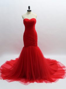 Red Mermaid Sweetheart Sleeveless Tulle Brush Train Lace Up Ruching Evening Wear