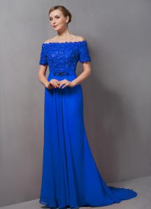 Blue Zipper Mother of Groom Dress Lace Short Sleeves Sweep Train