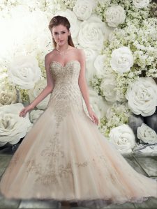 Champagne Bridal Gown Tulle Court Train Sleeveless Beading and Appliques