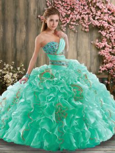 Sophisticated Sleeveless Beading and Ruffles Lace Up Sweet 16 Quinceanera Dress with Turquoise Brush Train