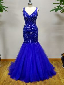 Attractive Straps Sleeveless Prom Dress Brush Train Beading Royal Blue Tulle