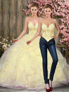 Fashionable Light Yellow Two Pieces Sweetheart Sleeveless Tulle Floor Length Lace Up Beading and Ruffles Quinceanera Dre