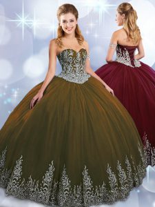 Discount Brown Taffeta Lace Up Sweetheart Sleeveless Floor Length Ball Gown Prom Dress Embroidery