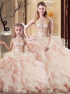 Sleeveless Beading and Ruffles Lace Up Quince Ball Gowns with Peach Brush Train