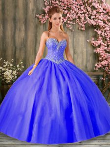Fancy Royal Blue Tulle Lace Up Sweetheart Sleeveless Floor Length Quinceanera Gown Beading