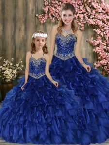 Blue Sleeveless Beading and Ruffles Floor Length 15 Quinceanera Dress