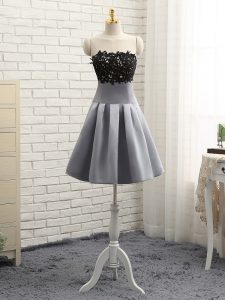 Modest Grey Prom Evening Gown Prom and Party and Sweet 16 with Lace and Appliques Strapless Sleeveless Side Zipper