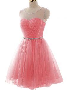 Beautiful Watermelon Red Sleeveless Mini Length Ruching Lace Up Prom Dress