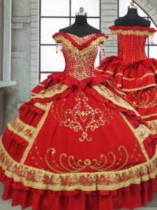 Red Cap Sleeves Floor Length Beading and Embroidery and Ruffled Layers Zipper 15th Birthday Dress