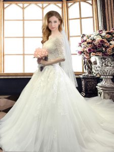 Attractive White Wedding Dresses Off The Shoulder Half Sleeves Court Train Lace Up