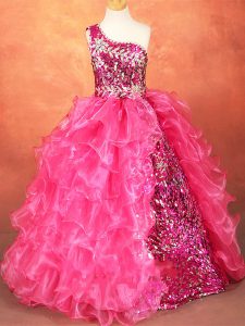 Elegant Hot Pink Ball Gowns Beading and Ruffles and Sequins Pageant Gowns For Girls Lace Up Organza Sleeveless Floor Len