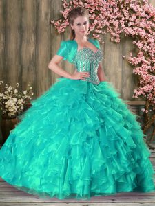 Sweetheart Sleeveless Lace Up Quinceanera Gown Turquoise Organza