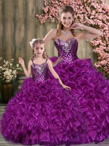Extravagant Eggplant Purple Ball Gowns Beading and Ruffles 15th Birthday Dress Lace Up Organza Sleeveless Floor Length