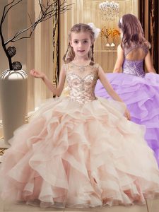 Cute Sleeveless Tulle Brush Train Lace Up Little Girl Pageant Gowns in Peach with Beading and Ruffles