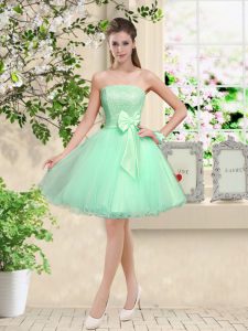 Dynamic Apple Green A-line Lace and Belt Bridesmaid Dress Lace Up Organza Sleeveless Knee Length