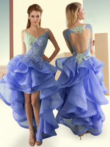 Ideal Sleeveless High Low Lace and Appliques and Ruffles Backless with Lavender