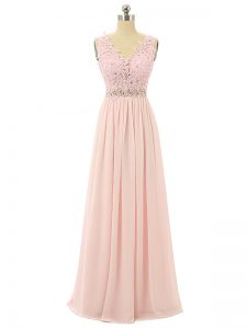 Pink Zipper V-neck Beading and Appliques Prom Evening Gown Chiffon Sleeveless