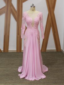 Custom Designed Lace and Appliques Mother of the Bride Dress Baby Pink Zipper Long Sleeves Brush Train