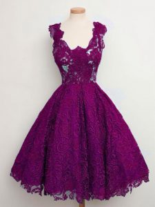 Pretty Purple Sleeveless Knee Length Lace Lace Up Bridesmaid Dresses