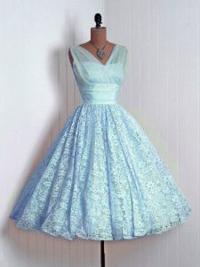 Custom Made Baby Blue Lace Up Bridesmaid Dress Lace Sleeveless Mini Length