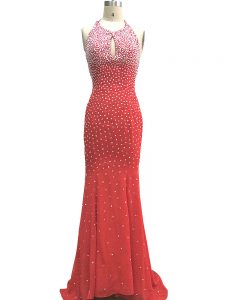 Red Evening Outfits Prom and Party and Military Ball and Sweet 16 with Beading Halter Top Sleeveless Brush Train Criss C