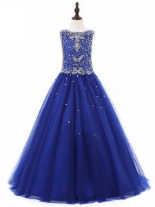 Royal Blue A-line Scoop Sleeveless Tulle Floor Length Lace Up Beading Kids Formal Wear