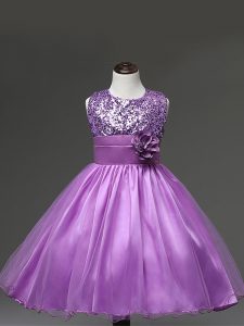 Lilac Ball Gowns Scoop Sleeveless Tulle Knee Length Zipper Sequins and Hand Made Flower Little Girls Pageant Dress Whole