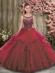 Wine Red Sweet 16 Quinceanera Dress Military Ball and Sweet 16 and Quinceanera with Beading and Ruffles Scoop Sleeveless