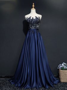 Deluxe Navy Blue Zipper Dress for Prom Beading and Appliques Sleeveless Brush Train