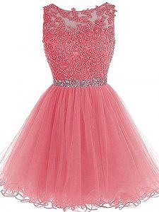 Pretty Mini Length Pink Prom Gown Tulle Sleeveless Beading and Lace and Appliques and Ruffles