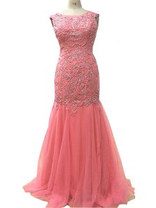 High Quality Floor Length Zipper Womens Evening Dresses Watermelon Red for Prom and Party and Military Ball and Sweet 16