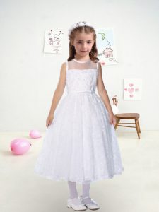 Sleeveless Tea Length Lace and Belt Zipper Toddler Flower Girl Dress with White