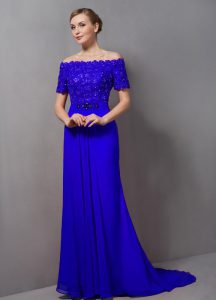 Custom Design Royal Blue Chiffon Zipper Off The Shoulder Short Sleeves Mother of the Bride Dress Sweep Train Lace