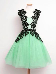 Chic Apple Green Tulle Lace Up Bridesmaid Gown Sleeveless Knee Length Lace