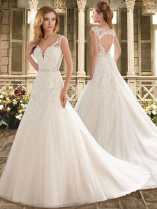 Eye-catching White Backless V-neck Beading and Lace Wedding Dresses Tulle Sleeveless Brush Train