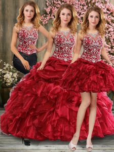 Wonderful Sleeveless Floor Length Beading and Ruffles Lace Up Quince Ball Gowns with Wine Red