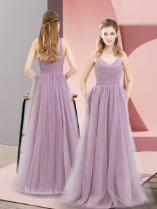 Sleeveless Tulle Floor Length Zipper Evening Dress in Lilac with Ruching
