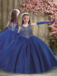 Floor Length Royal Blue Little Girls Pageant Dress Wholesale Tulle Sleeveless Beading
